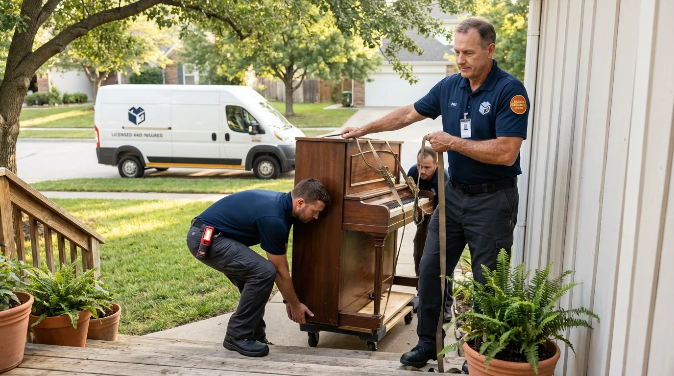 Licensed piano movers securing grand piano in Wilson, OK